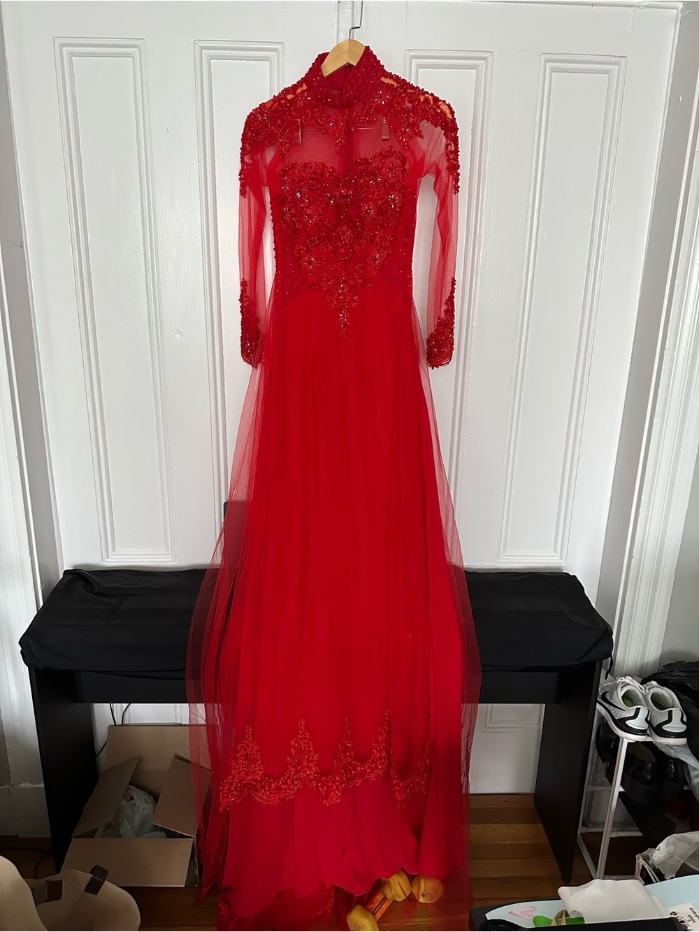 Vietnamese bridal gown ao dai red beaded lace trim train